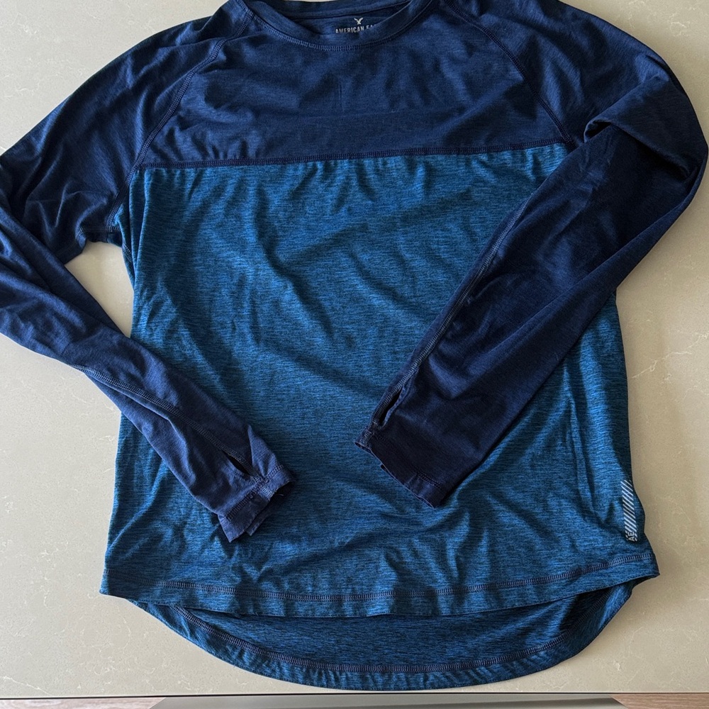 American Eagle Outfitters Men's Long Sleeve Shirt - Dark Blue and Teal